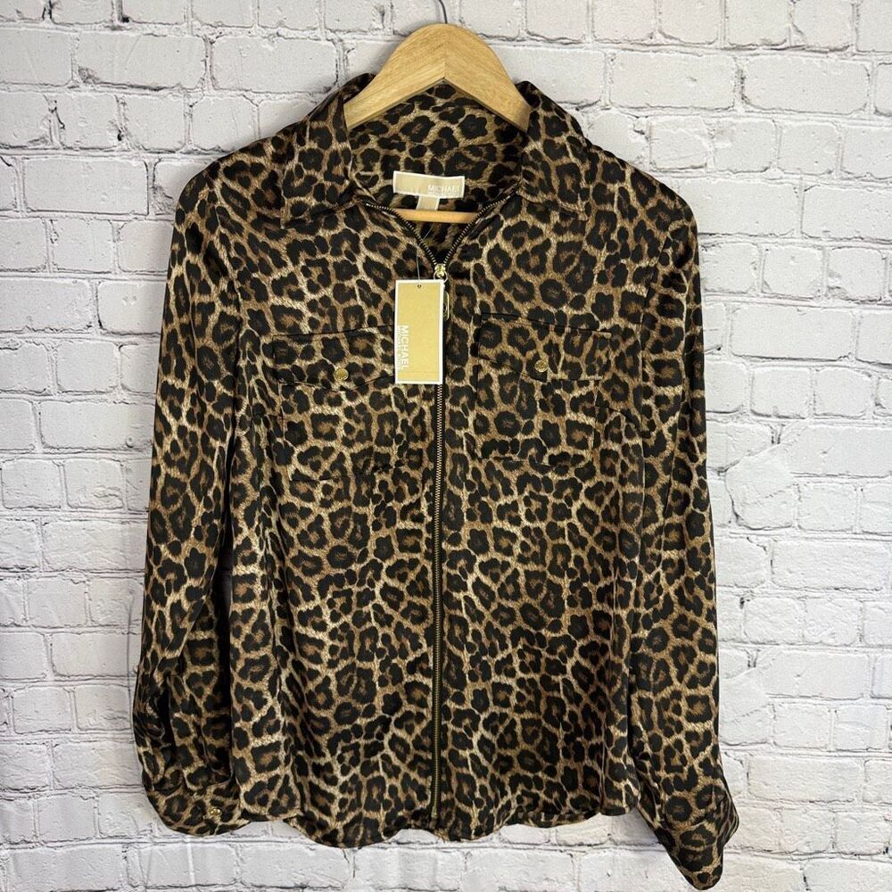 Michael Kors Leopard Print Zipper Blouse Size M NWT